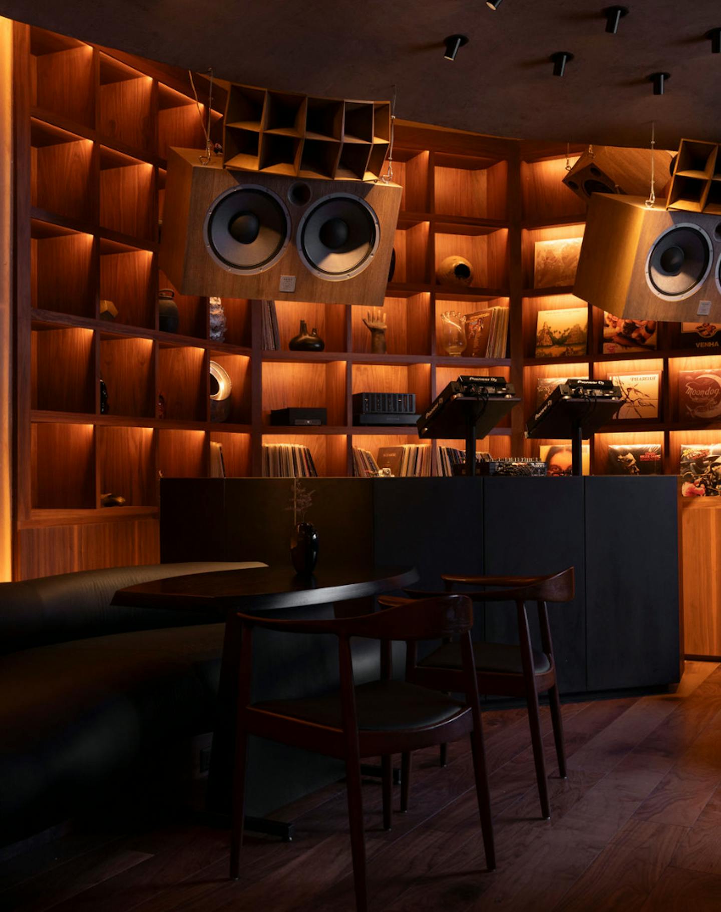 wood, table, wall, flooring, space, ceiling