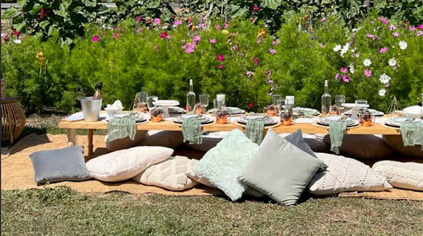 outdoor furniture, furniture, garden, linens, outdoor table, tablecloth