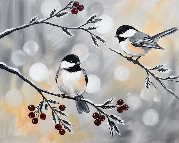 bird, twig, watercolor painting, tit, black-capped chickadee, winter