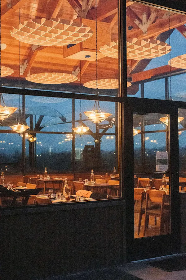 wood, ceiling, light fixture, shade, glass, restaurant