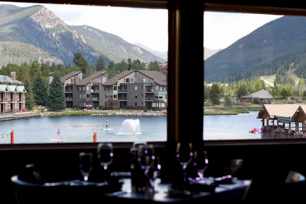 lake, mountain, mountain range, restaurant, water, room