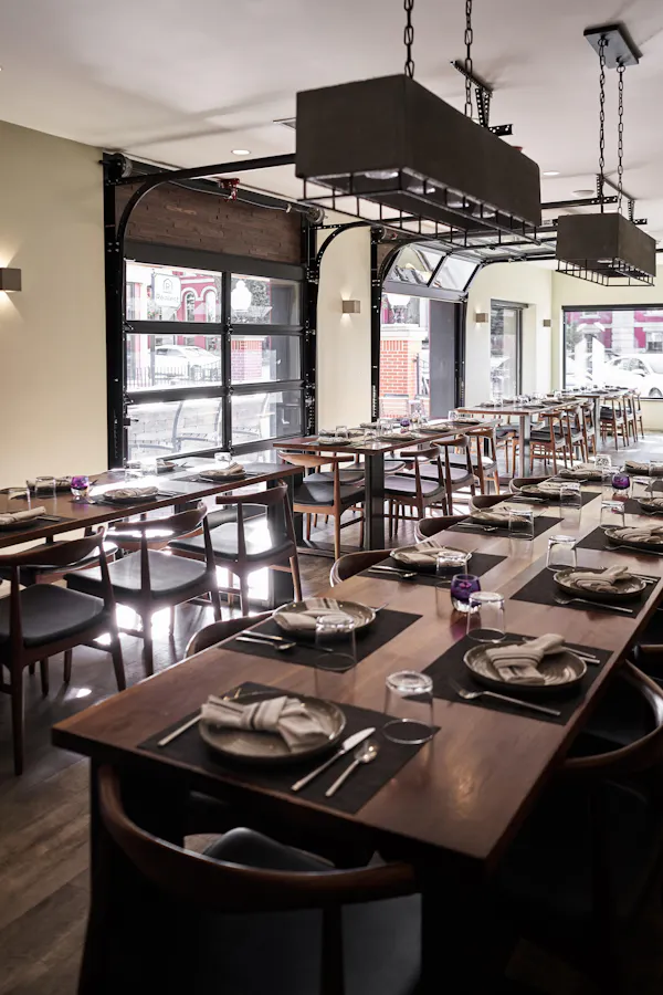 table, tableware, furniture, chair, window, building