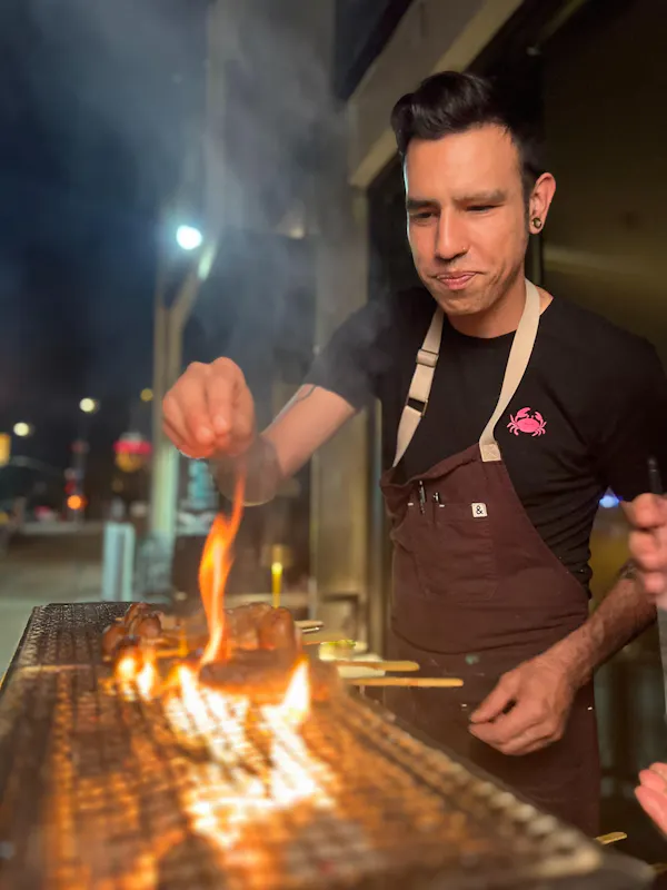 hand, shirt, cooking, cuisine, gas, fire