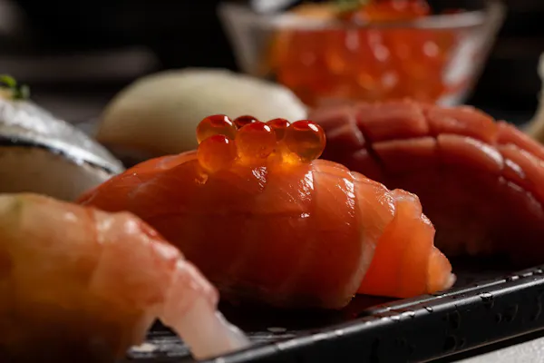 food, ingredient, sushi, seafood, salmon, tableware