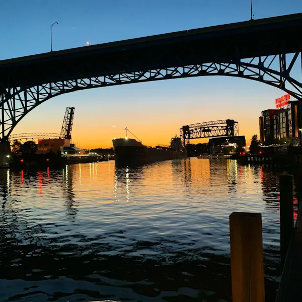 water, sky, dusk, boat, girder bridge, horizon