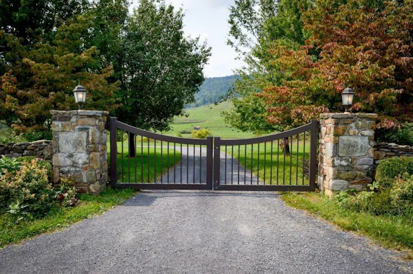 shrub, gate, garden, driveway, stone wall, landscaping