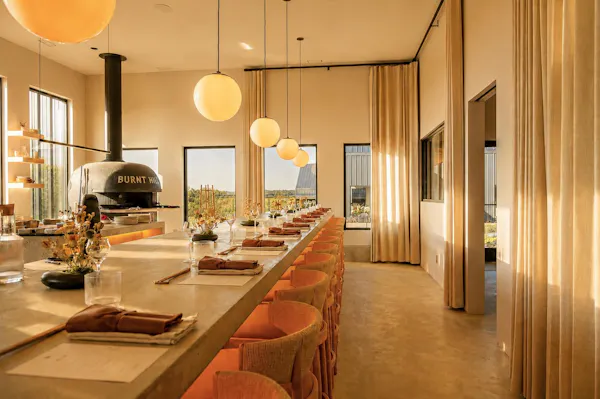 ceiling, light fixture, restaurant, chair, natural material, wood stain