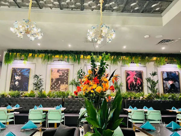 restaurant, chandelier, chair, floral design, fruit