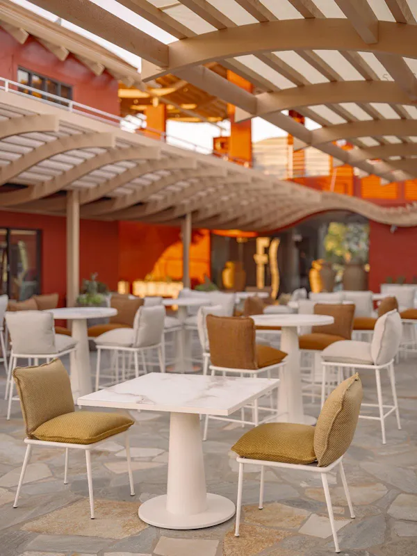 furniture, chair, outdoor furniture, restaurant, outdoor table, cafeteria
