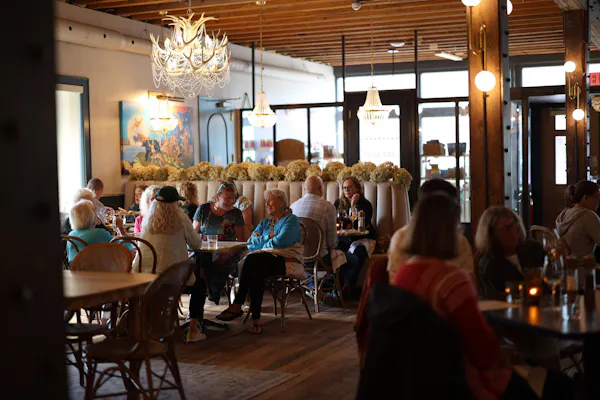 furniture, restaurant, ceiling, chair, chandelier, light fixture