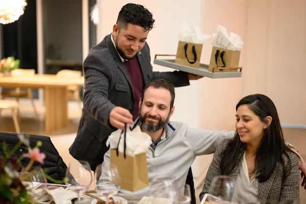 customer, happiness, bag, facial hair, beard, conversation