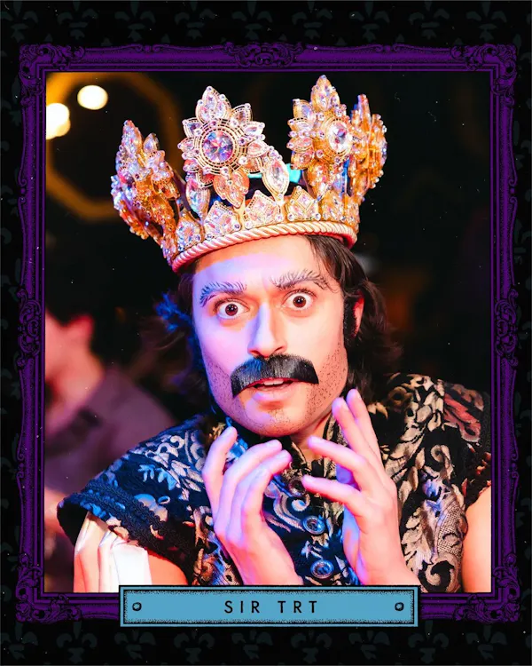 tiara, crown, headpiece, moustache, facial hair