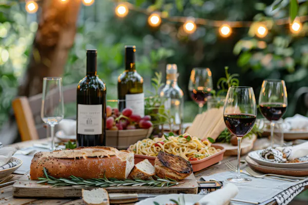 food, tableware, bottle, drinkware, table, alcoholic drink