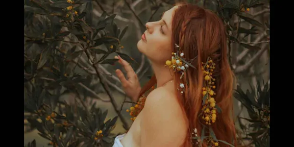 beauty, petal, long hair, headpiece, red hair, cg artwork