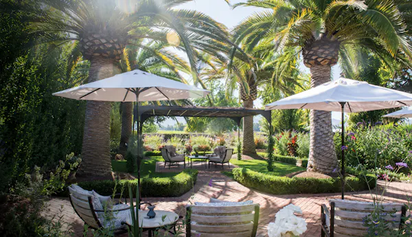 garden, outdoor furniture, resort, shade, outdoor table, landscaping