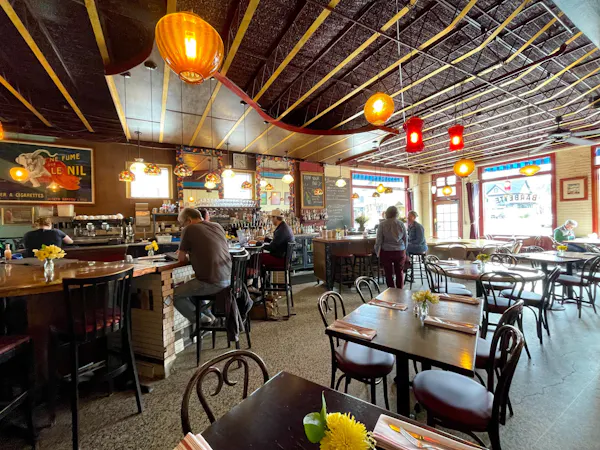 table, furniture, building, chair, drinking establishment, lighting