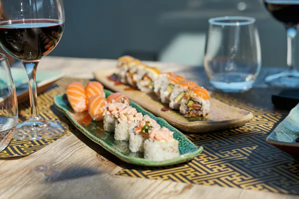 food, tableware, ingredient, sushi, drinkware, alcoholic drink