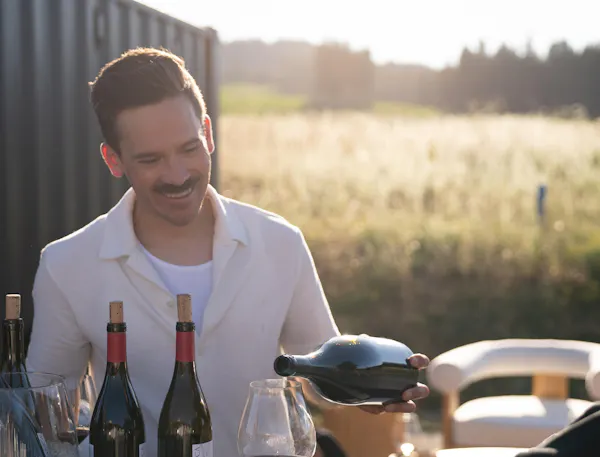 alcoholic drink, bottle, drinkware, facial hair, wine, beard