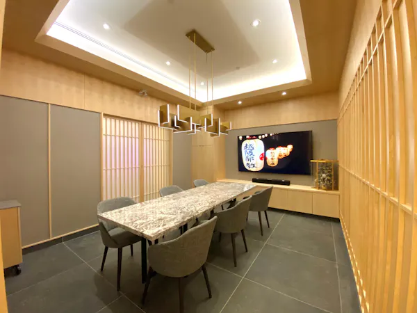 furniture, table, floor, hall, flooring, ceiling