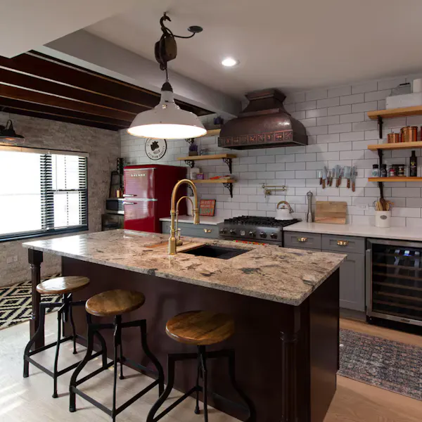 furniture, kitchen, countertop, light fixture, kitchen appliance, flooring