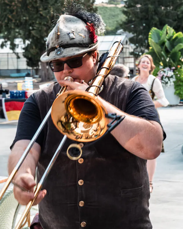 musical instrument, brass instrument, hat, music, musician, trombone