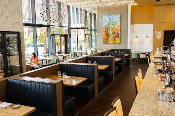 furniture, table, ceiling, restaurant, chandelier, light fixture