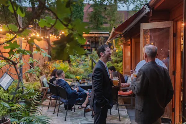 chair, conversation, restaurant, houseplant, evening