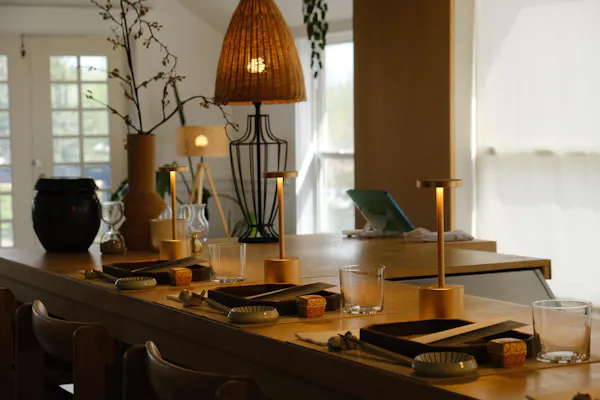 furniture, wood, table, light fixture, lighting, lampshade
