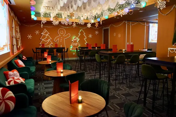 furniture, orange, chair, restaurant, ceiling, decoration