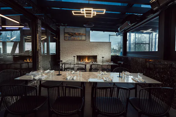 ceiling, restaurant, chair, iron, glass, light fixture