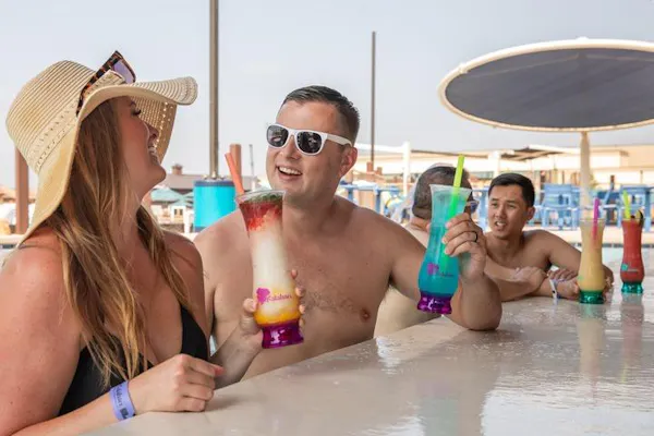 hat, shorts, muscle, people on beach, sunglasses, eyewear