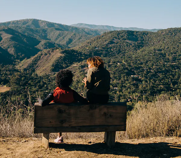 sky, mountain, plant, outdoor bench, people in nature, natural landscape