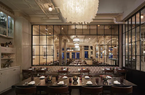 ceiling, light fixture, furniture, restaurant, chandelier, chair