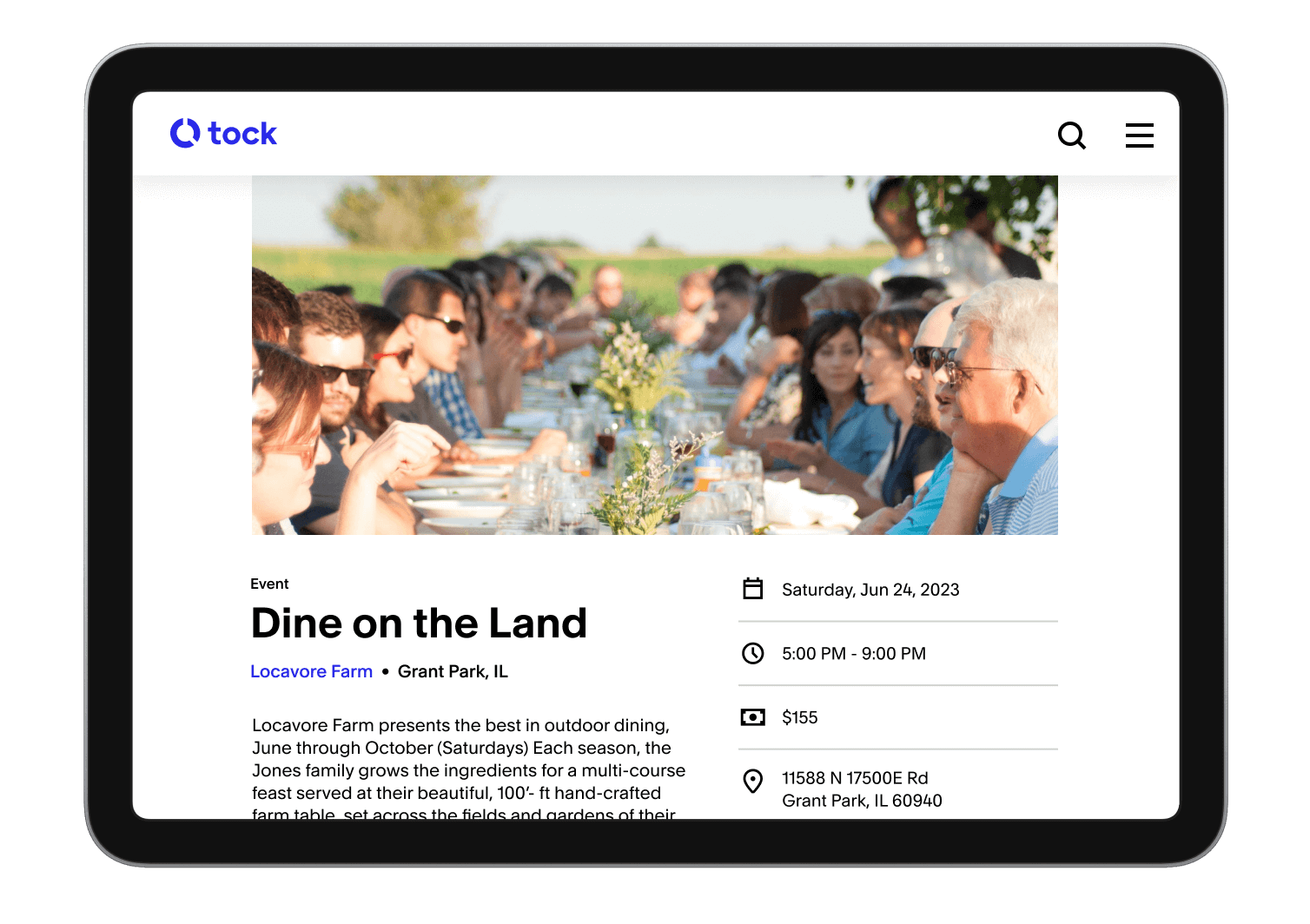 A tablet view showing an event from Locavore Farm on Tock. There is an image of rows of people surrounding a long table outdoors in the sunlight. The event is called “Dine on the Land” and there are details to the right showing the event date of Saturday, June 24th, 2023, the event time of 5:00 PM - 9:00 PM, a ticket price of $155, and the event location.