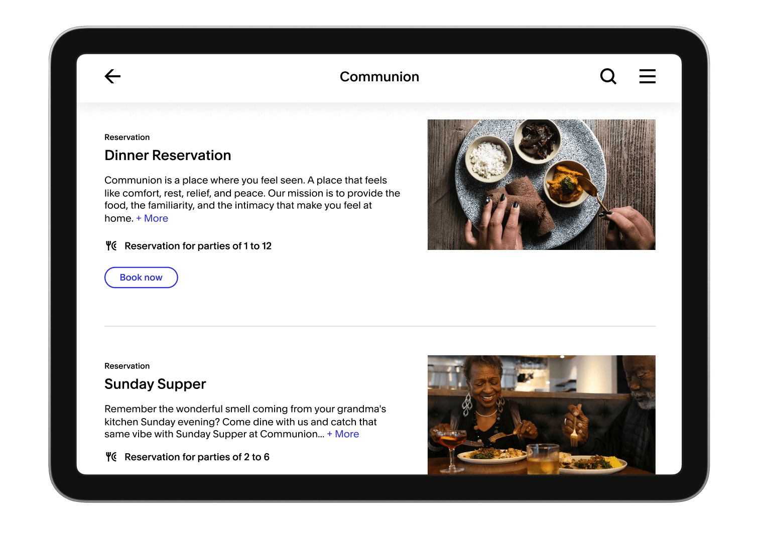 A tablet view of a Customers reservations on Tock.
