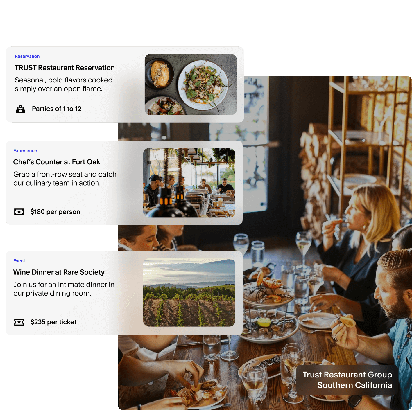 Diners at Trust Restaurant Group with an overlay of experience cards