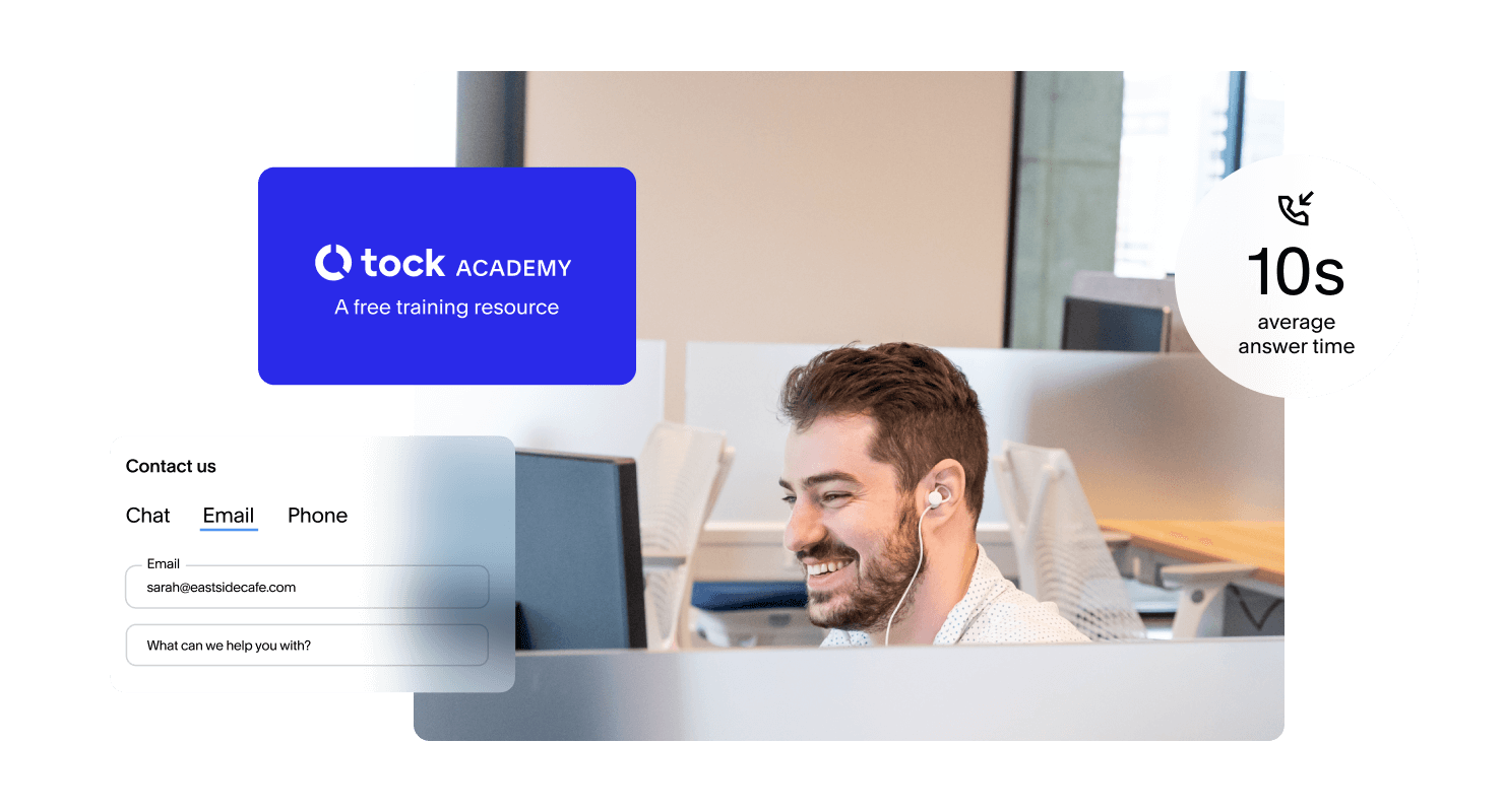 Tock Academy training and a support staff person at a desk