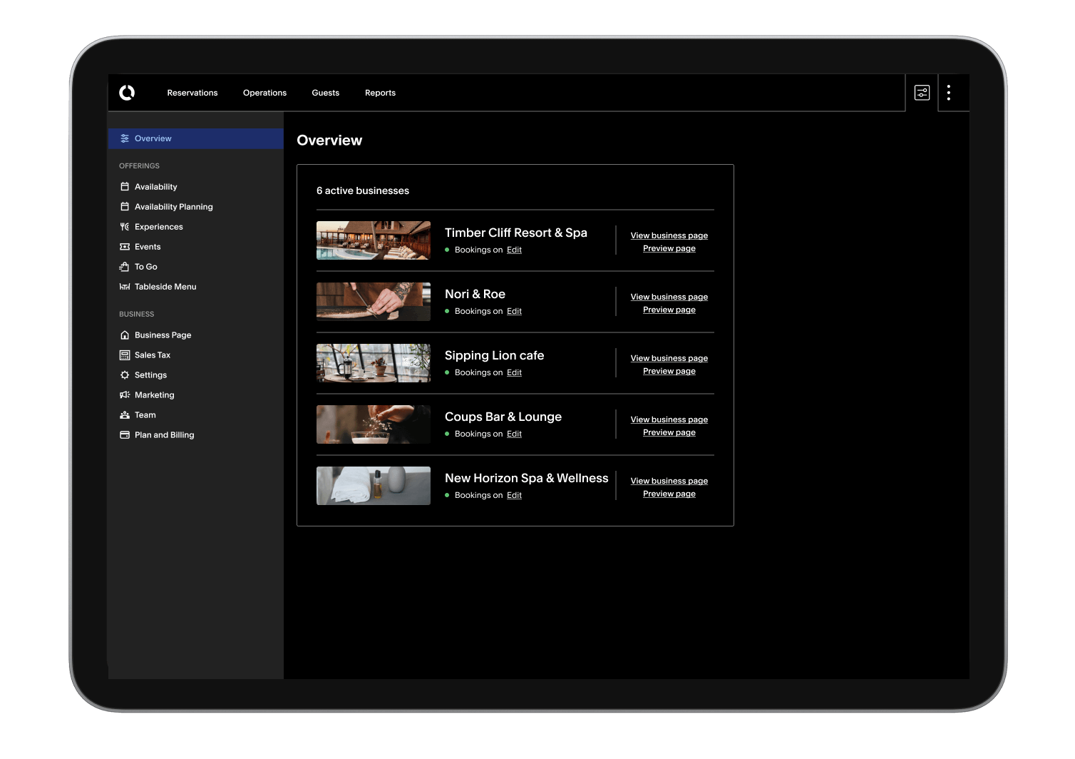 A tablet view of multiple businesses in Tock's dashboard.