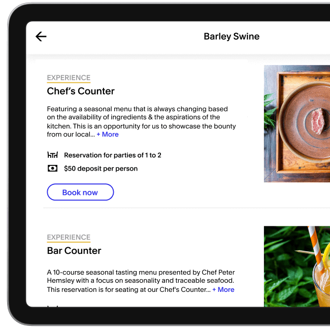 A tablet view showing unique experiences offered by Barley Swine on Tock. There is a Chef’s Counter experience and a Bar Counter experience. 