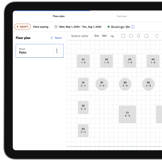 A tablet view showing how a restaurant can set up new floor-plans on Tock. There is a drafted floor-plan on a gridded white background with multiple rows of square and round tables.