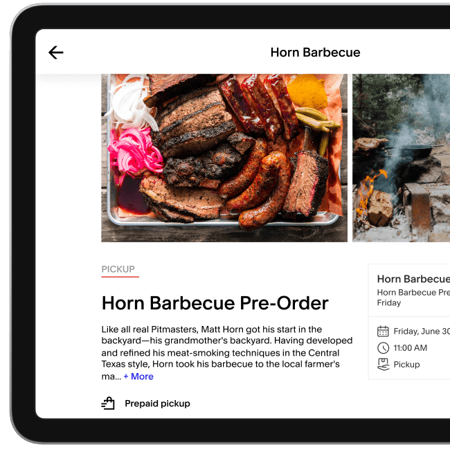 A tablet view showing an example of barbecue pickup from Horn Barbecue on Tock. There is an image at the top of the page of a platter filled with barbecued brisket, ribs, and sausage, and to the right of that is an image of a man adding wood to an open fire in the woods.