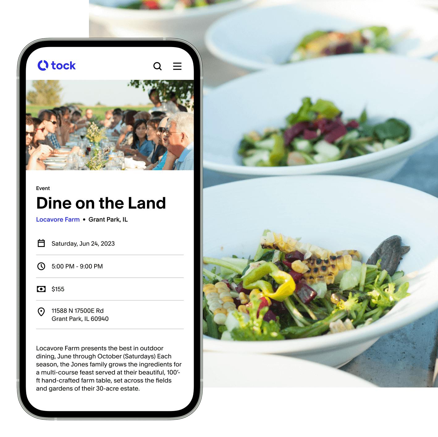 A mobile view of an event called “Dine on the Land” hosted by Locavore farm on Tock sits on top of an image of rows of green salads being prepared in white bowls.