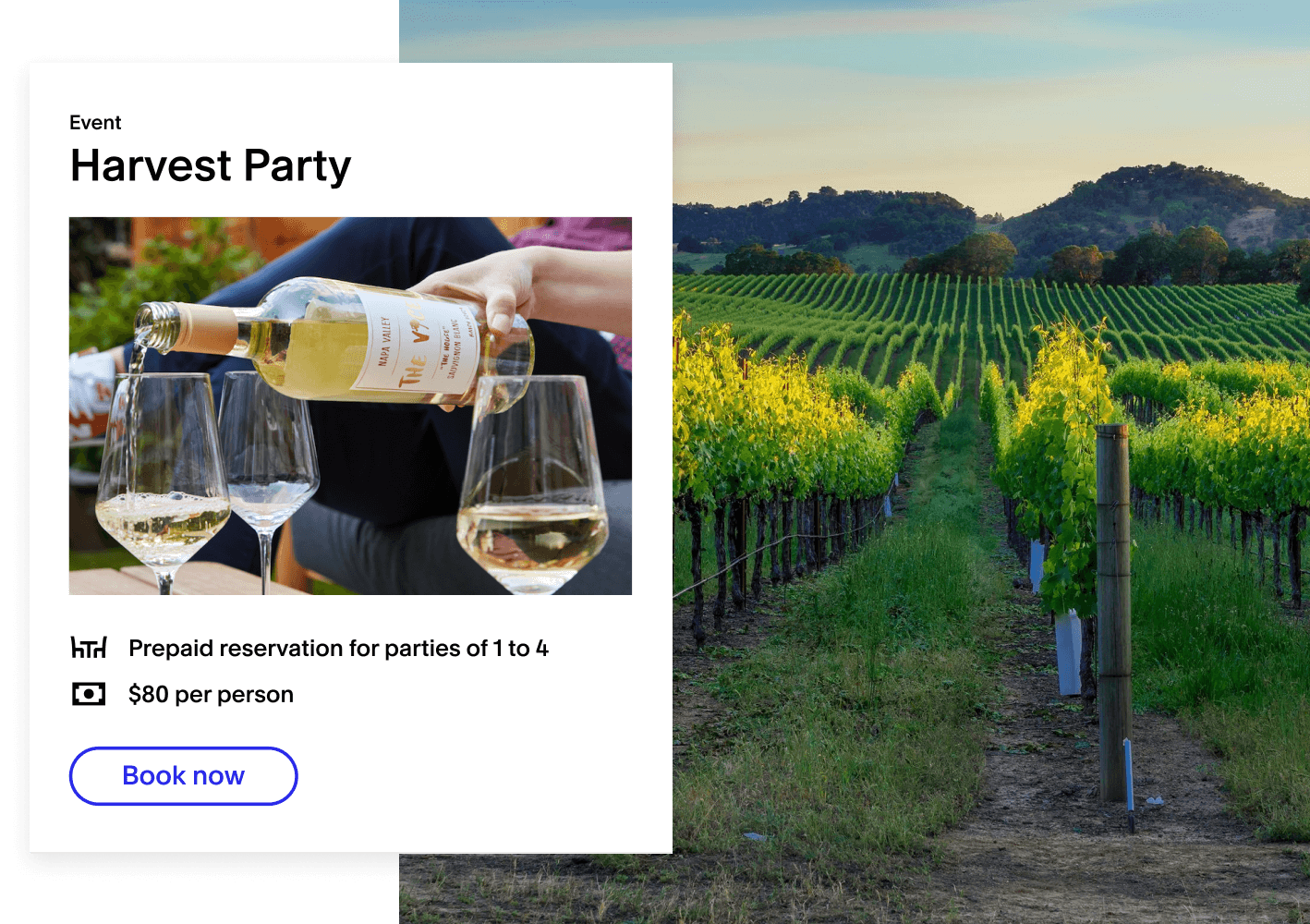 An example of a bookable event called “Harvest Party” sits in a white piece of extracted app ui. There is an image of a person pouring white wine and a button at the bottom that says “Book now”. Layered below this are rows of bright green grape vines at sunset.