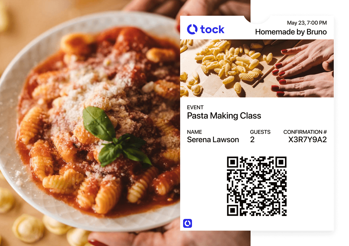 An example of a white digital ticket for an event called “Pasta Making Class”. There is an image in the ticked of a person rolling noodles on a wood cutting board. Layered below this is an image of a person holding a bowl of noodles with red sauce, parmesan cheese, and a sprig of basil.