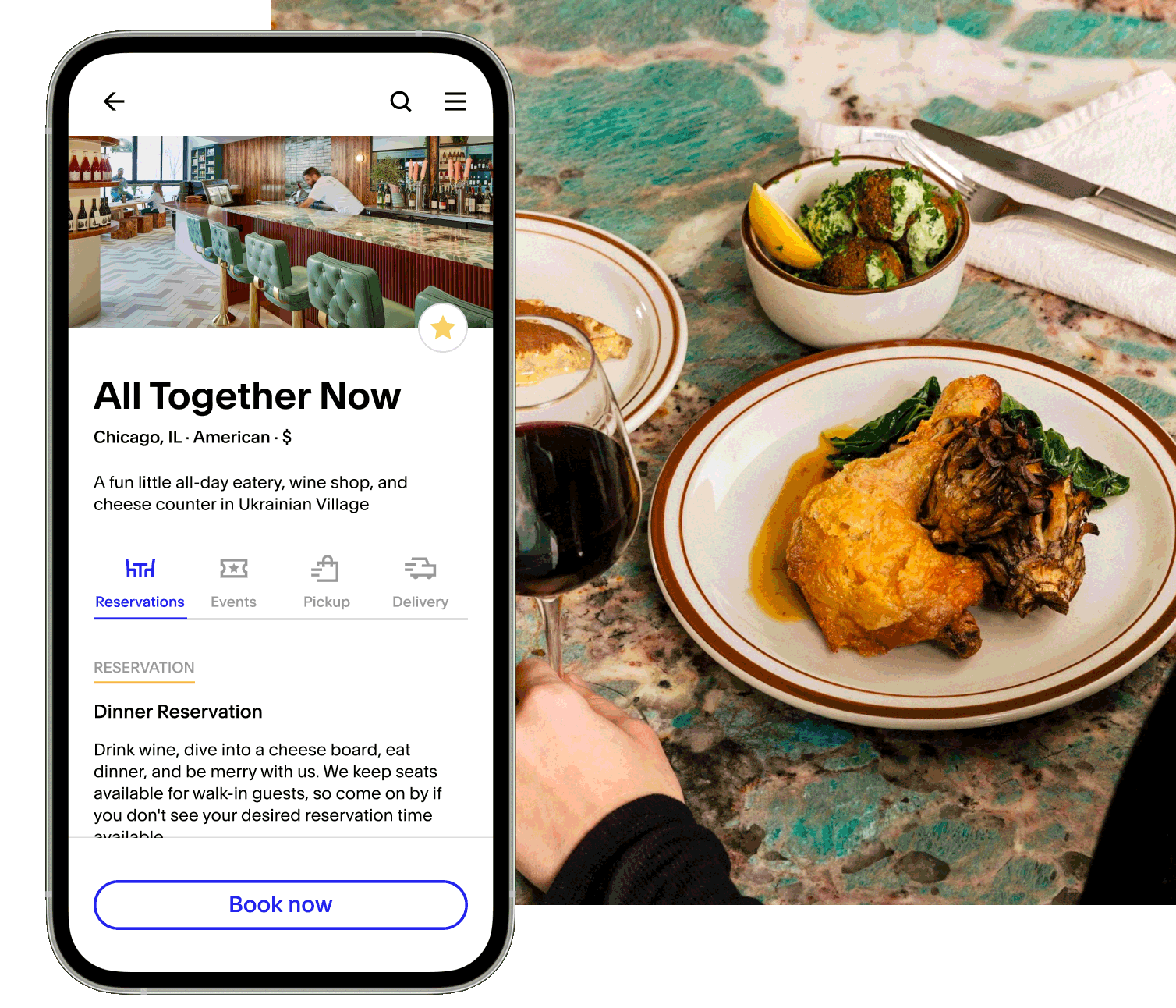 A gif of a restaurant’s business page cycling between options for reservations, events, pickup, and delivery with a button to “book now”. At the top of the page is a picture of the business with a man working behind a long stone bar with pink tap handles and bottles of wine behind him. Layered below that is an image of a woman sitting at a green textured table with a glass of red wine in her left hand and a plate of chicken in front of her. She also has a plate with a piece of pumpkin pie and a bowl of falafel.