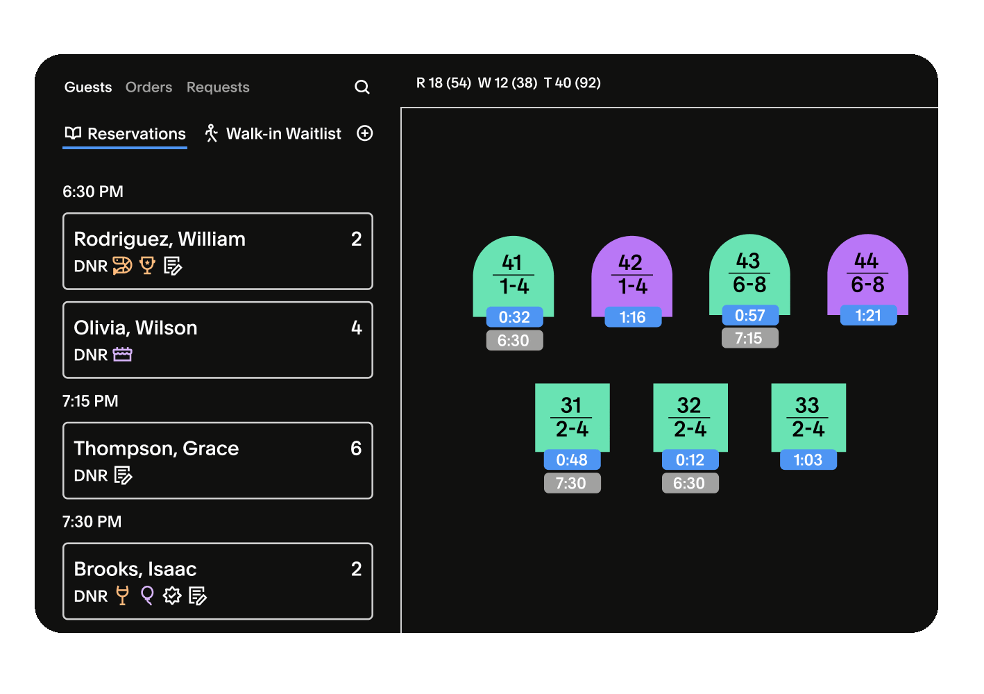 A gif of a restaurant’s floor plan in Tock’s software represented by blue and purple rounded rectangles and squares. The gif cycles between a list of names on the left for reservations and a list of names for a walk-in waitlist.