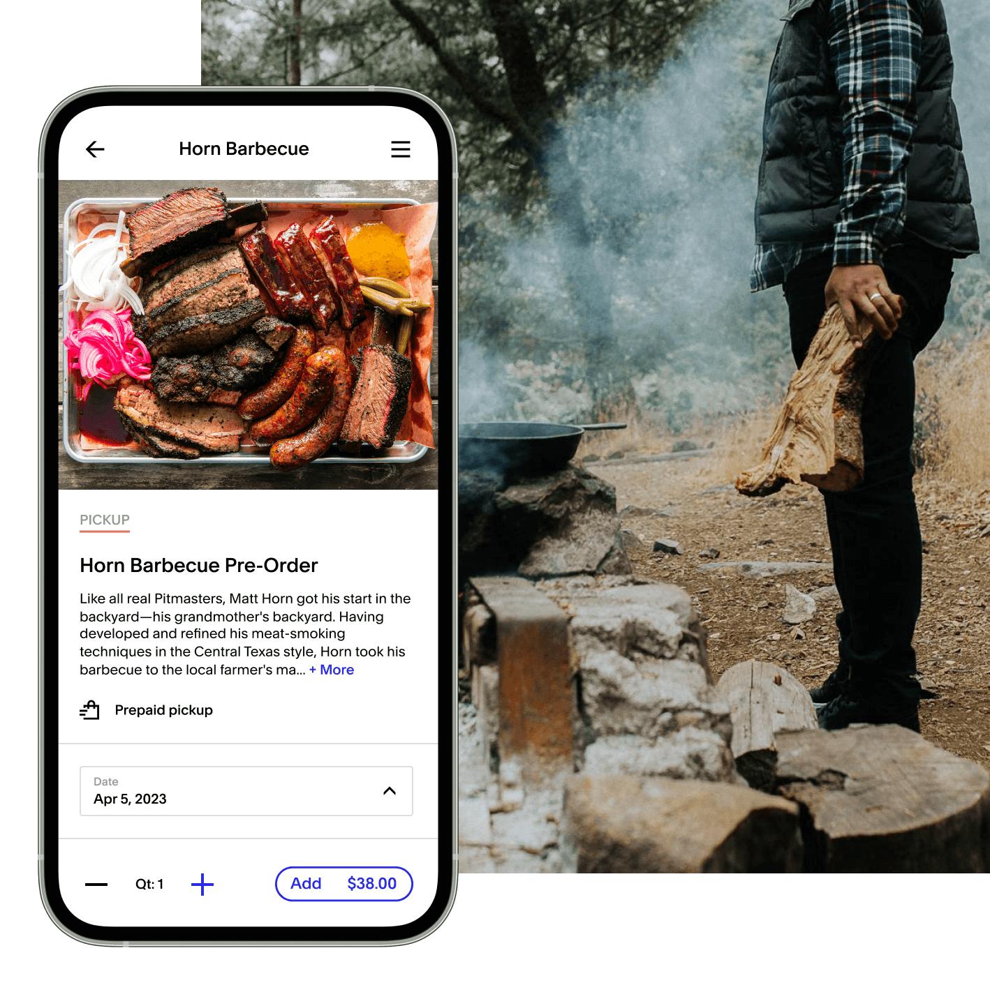A mobile view of barbecue pre-order offered on Tock by Horn Barbecue paired with an image of a platter filled with barbecued brisket, ribs, and sausage. Layered below and to the right is an image of a man adding logs to a cooking fire in front of the woods.