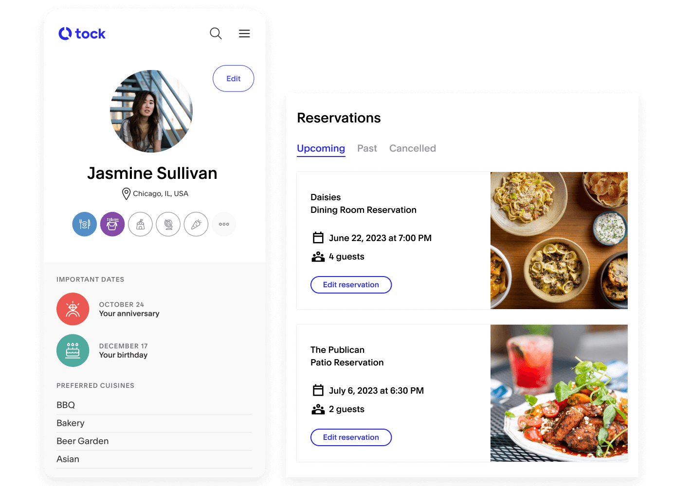 A diners public Tock profile with a round profile image of a young woman sitting on a staircase. The profile contains the diner’s location information, anniversary and birth date, as well as her preferred cuisine types. To the right of that are details on the diner’s upcoming reservations. One reservation is for Daisies in Chicago on June 22 paired with an image of various pasta dishes on a wood grain table and the other reservation is for The Publican on July 6 paired with an image of a meat dish on a patio table.