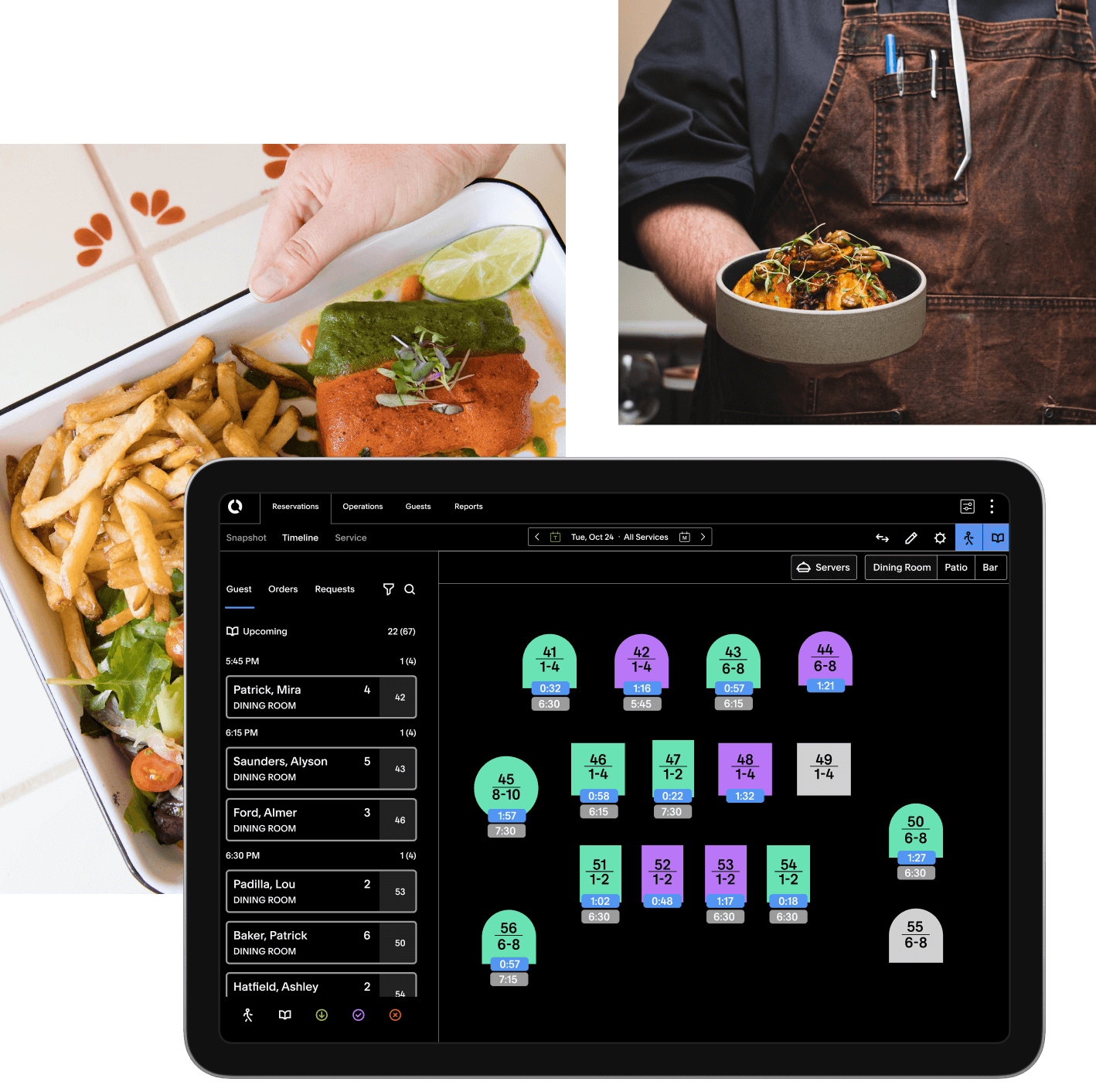 Prominently displayed is a tablet view of a restaurant’s floor plan in Tock’s software. Blue and Purple rounded rectangles, squares, and circles are used to represent tables. To the left is a list of names for upcoming reservations. Layered below this is an image of a person carrying a tray of fries, and salad. To the upper right is a person in a brown apron holding a bowl with orange-colored food garnished with leafy greens.