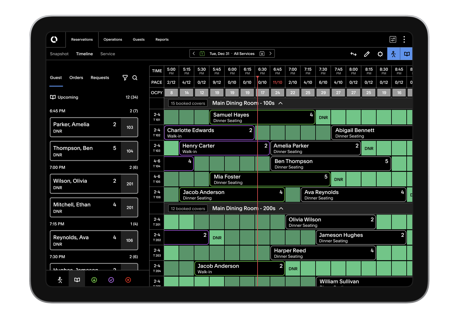 An example of a timeline view for table management in Tock's software. Green and black rectangles are used to represent diners’ reservations and to the left of the screen is a list of upcoming reservations.